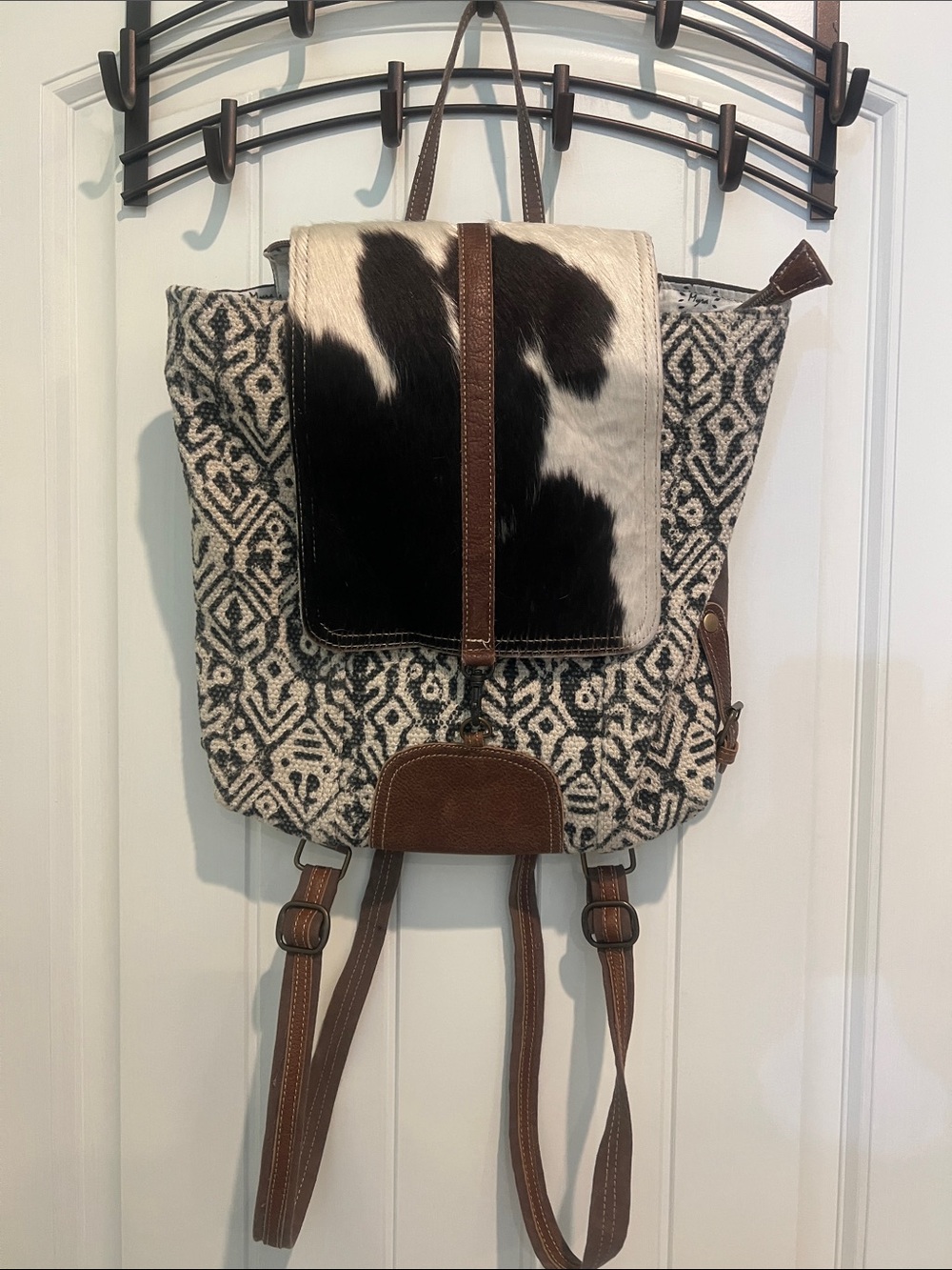 Myra Bag Black White Cowhide & Brown Patterned Backpack